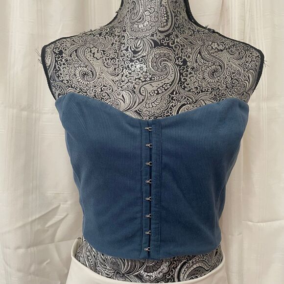 little lie Tops - Little lie Vintage‎ Style Blue Corduroy Bustier Crop Top with Hook Front Closure
